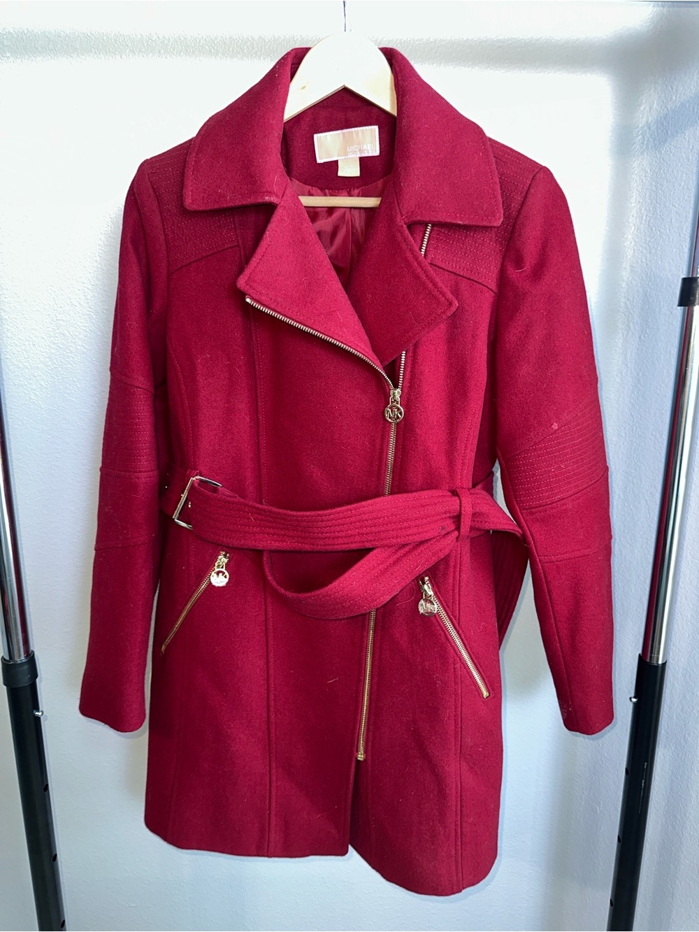 Michael Kors Women's Burgundy Belted Full Zip Lined Mid-Length Coat Size S